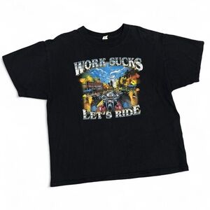 Vintage Biker Graphic Tee, ‘Work Sucks, Let’s Ride’, Size XL